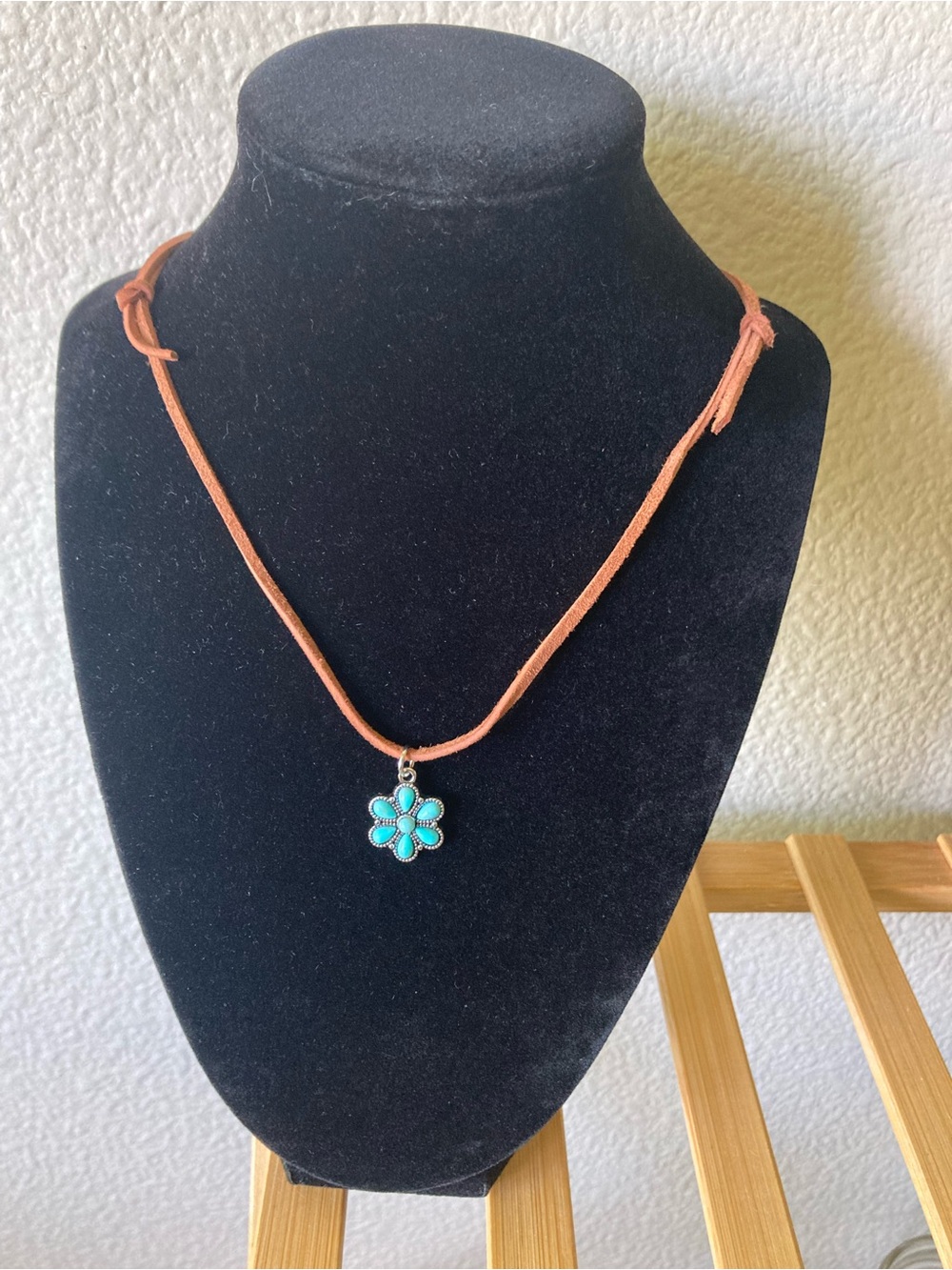 Turquoise Toned Flower Pendant on Brown Suede Cord Necklace
